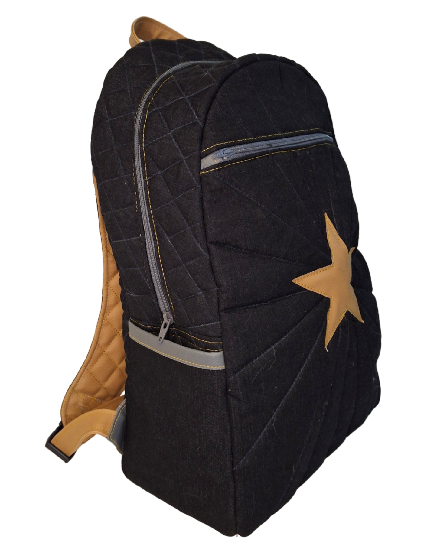 Black backpack with a gold star on a white background