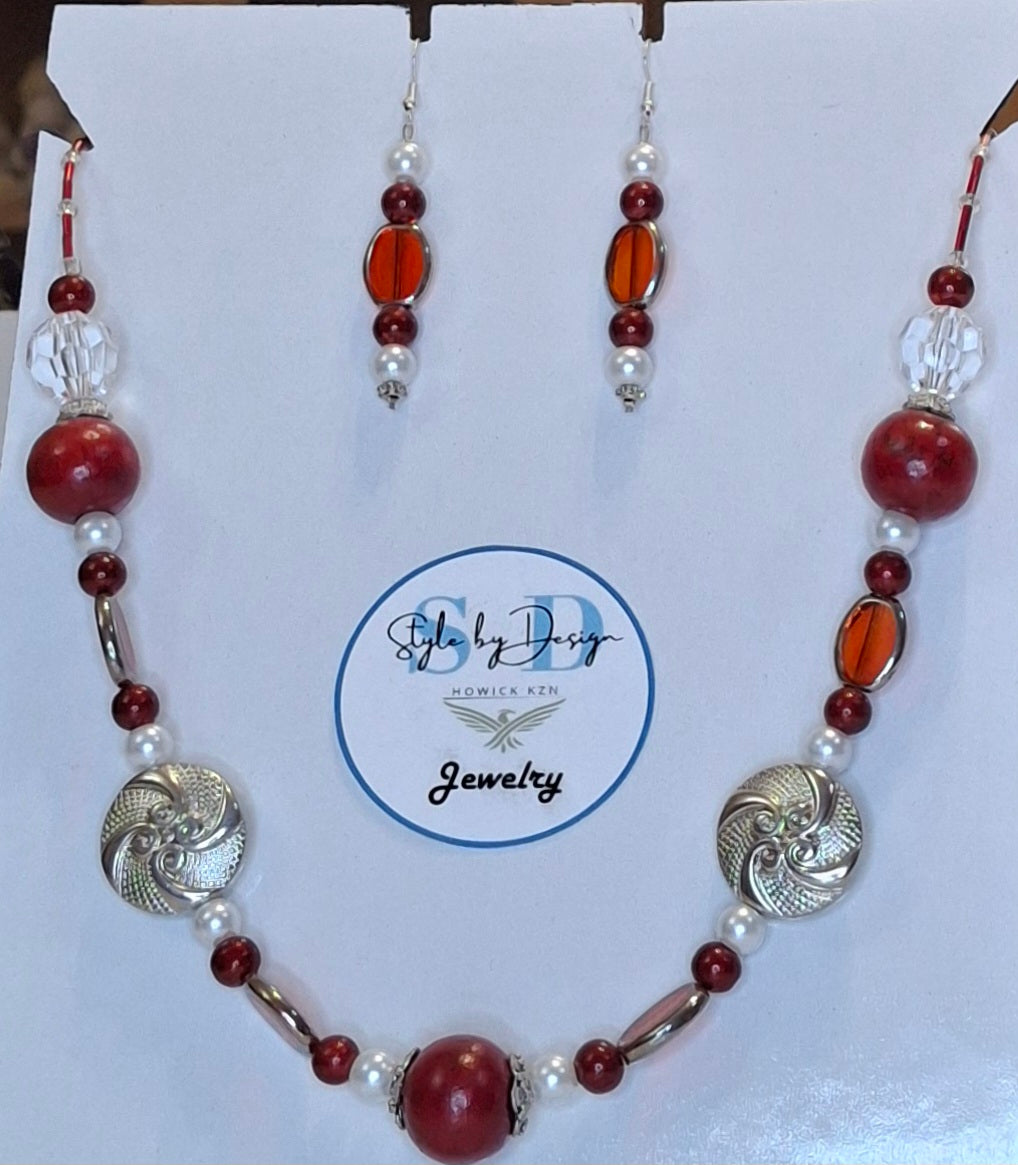 Rose - Red & Silver Beaded Necklace & Earing Set