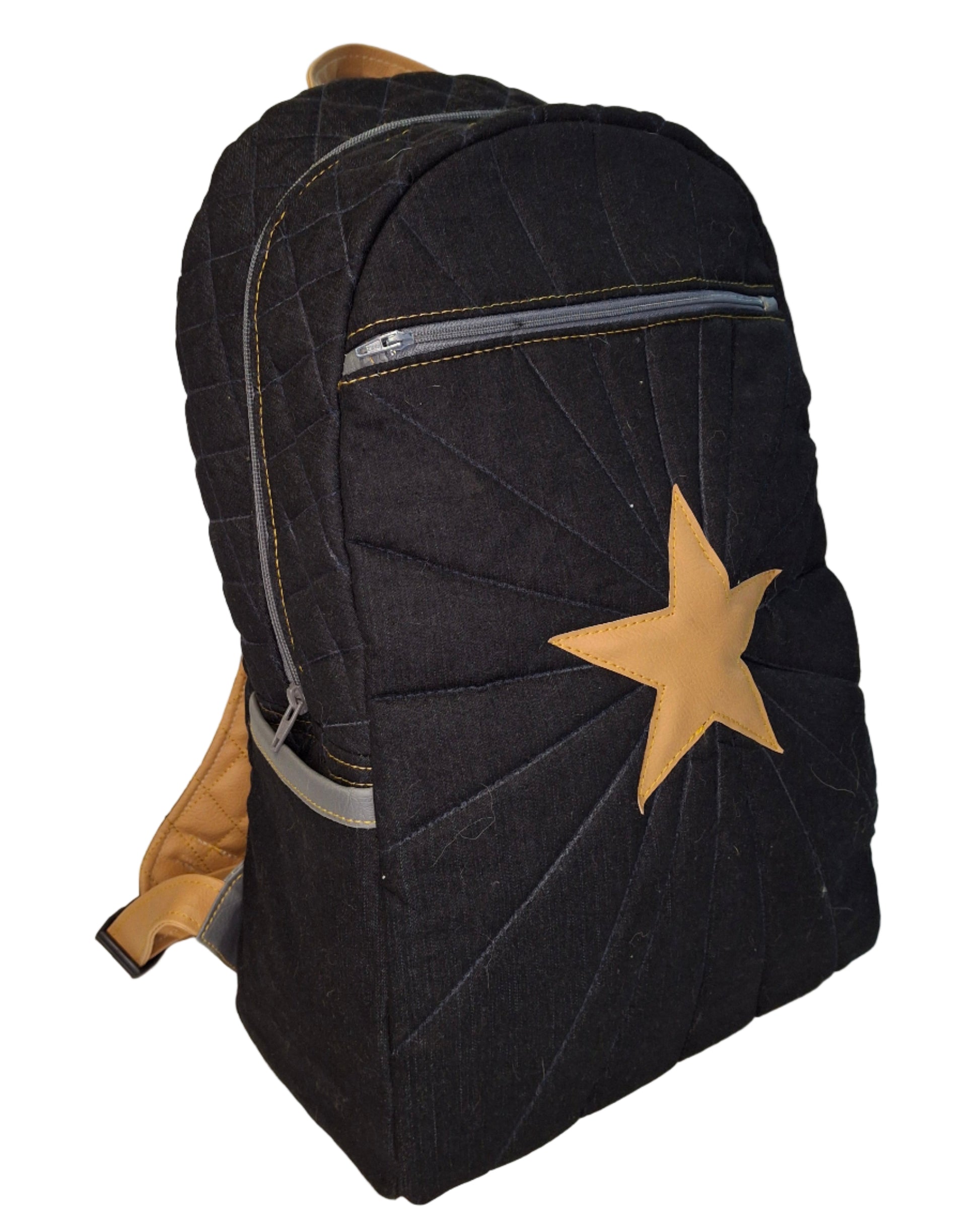 Black backpack with a gold star on a white background