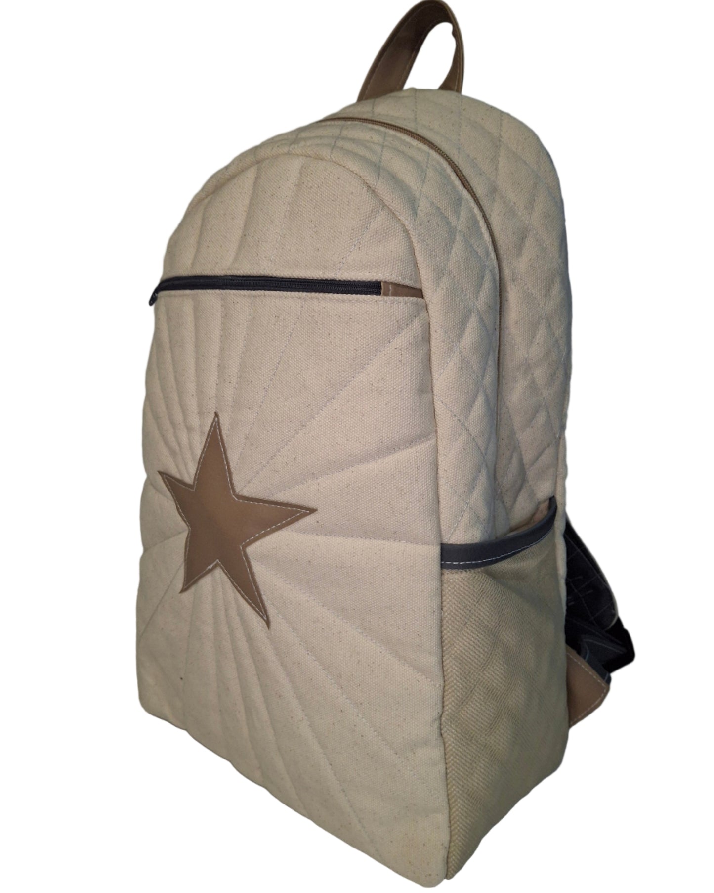 Beige backpack with a star design on a White background