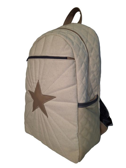 Quilted beige bag with a star design on a gwhite background