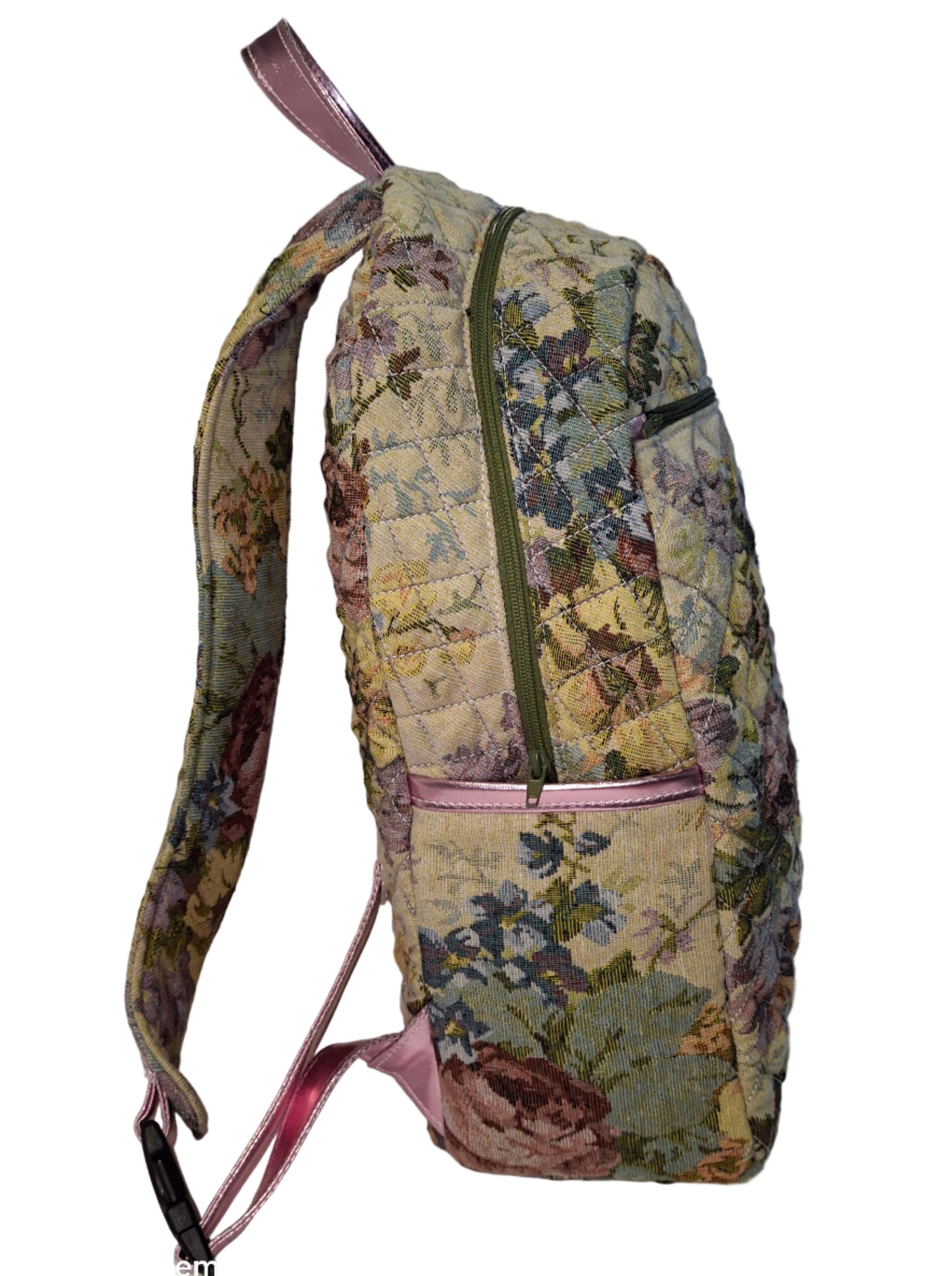 Floral-patterned bag with a pink strap on a white background