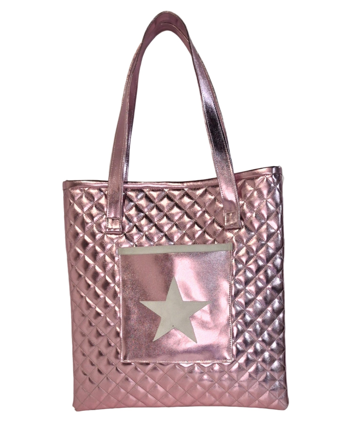 Pink handbag with star design on a white surface