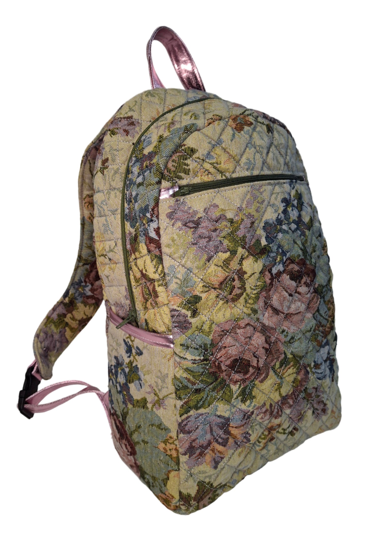 Floral-patterned quilted backpack on a white background
