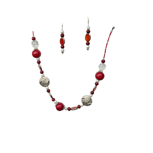 Rose - Red & Silver Beaded Necklace & Earing Set