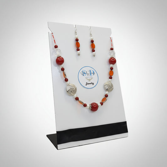 Rose - Red & Silver Beaded Necklace & Earing Set