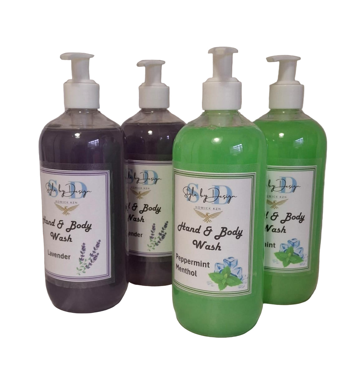 Four bottles of hand and body wash with different scents